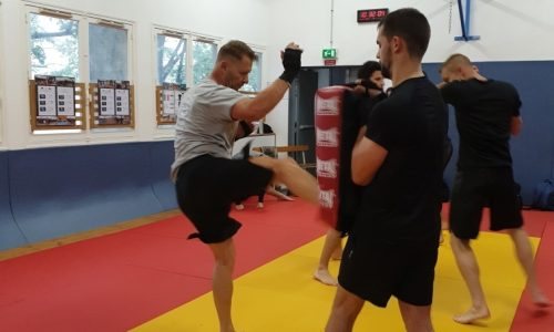 Low kick au bouclier en kickboxing à Rouen